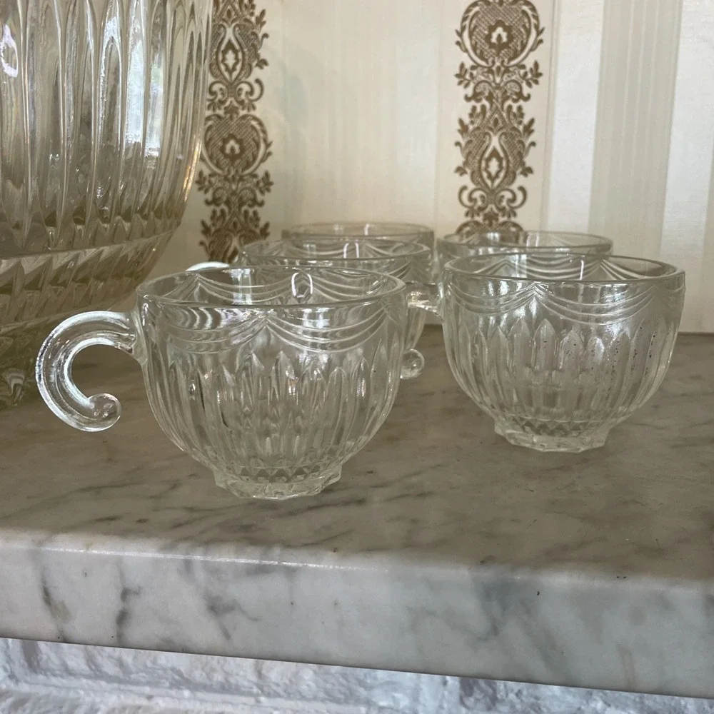Vintage Indiana Glass Company Royal Drape Punch Bowl Set 10‎ Ribbed Hooked Cups